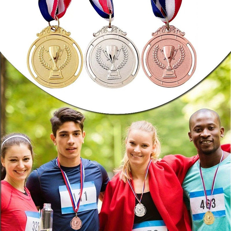 3 Zinc Alloy Award Medals with Neck Ribbons, Sports Games Competition