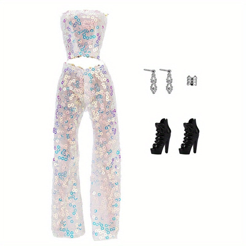 Sequin Top Trousers Shoes Accessories Doll Clothes Set for 1/6 Doll