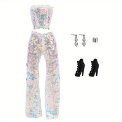 Sequin Top Trousers Shoes Accessories Doll Clothes Set for 1/6 Doll