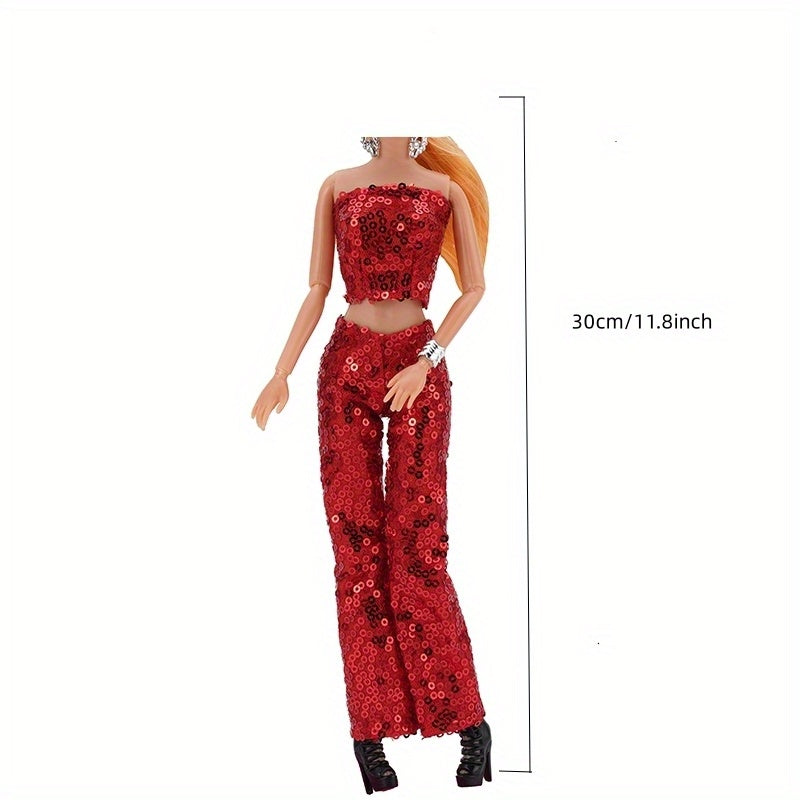 Sequin Top Trousers Shoes Accessories Doll Clothes Set for 1/6 Doll