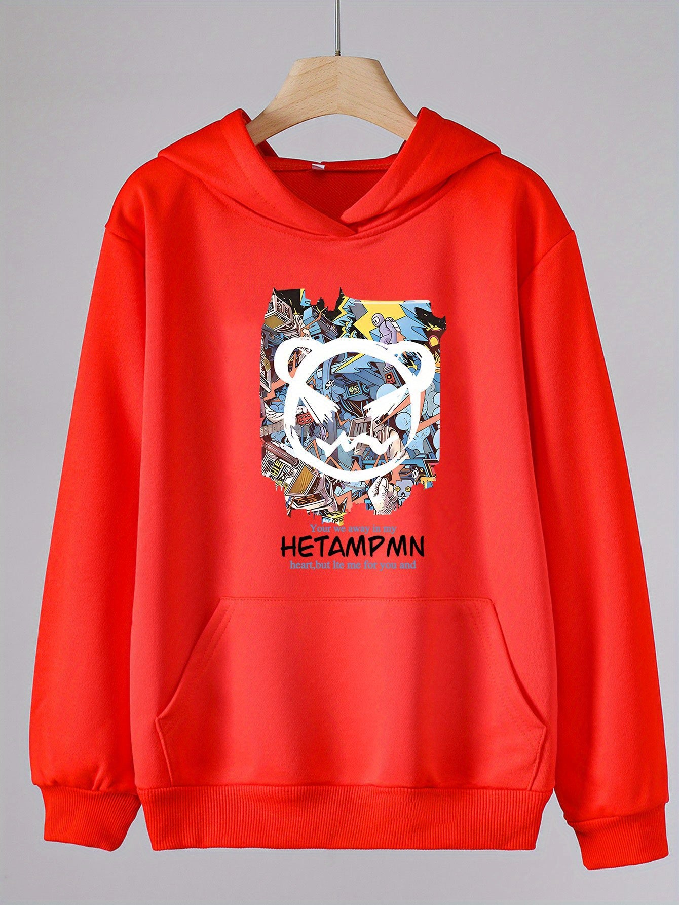 Bear Head Graphic Hoodie Girls Comfy Hooded Sweatshirt With Pocket