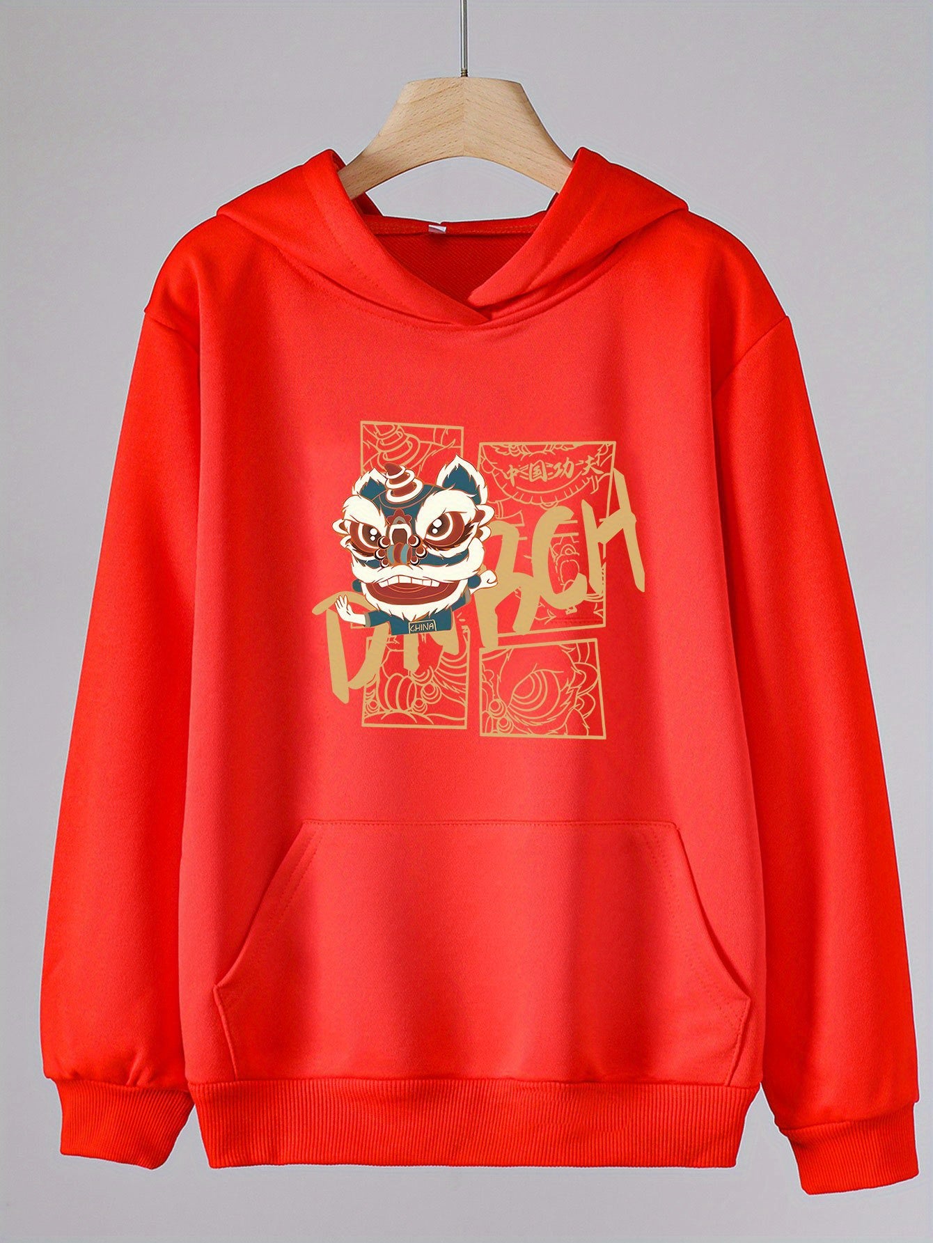 Lion Dance Hoodie Girls Comfy Sweatshirt With Pocket