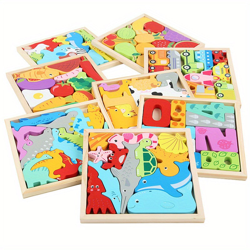Wooden Animal Fruit Transportation 3D Puzzle Blocks Learning Toy