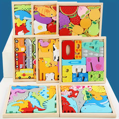 Wooden Animal Fruit Transportation 3D Puzzle Blocks Learning Toy