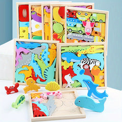 Wooden Animal Fruit Transportation 3D Puzzle Blocks Learning Toy