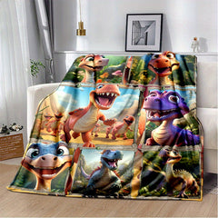 Cute Dino Print Blanket Lightweight Flannel Throw for Home and Travel