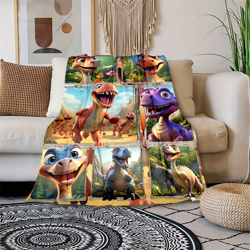 Cute Dino Print Blanket Lightweight Flannel Throw for Home and Travel