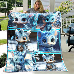Cozy Cartoon Ice Dragon Print Lightweight Flannel Throw Blanket