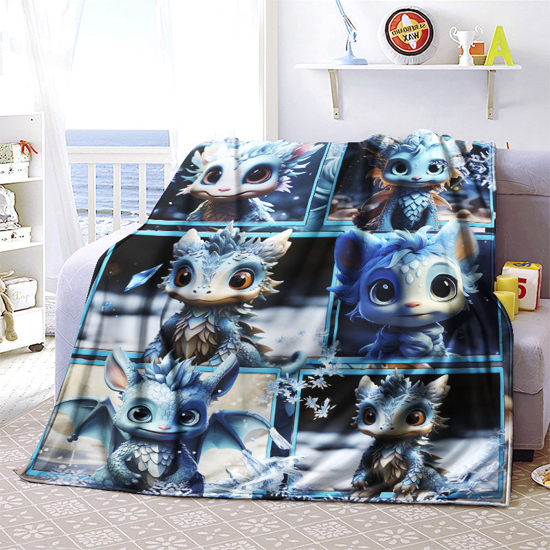 Cozy Cartoon Ice Dragon Print Lightweight Flannel Throw Blanket