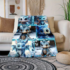 Cozy Cartoon Ice Dragon Print Lightweight Flannel Throw Blanket