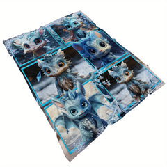 Cozy Cartoon Ice Dragon Print Lightweight Flannel Throw Blanket