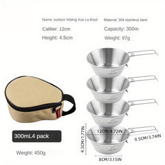 4pcs 300-500ml Stainless Steel Small Bowls w/ Storage HandBag Camping Set