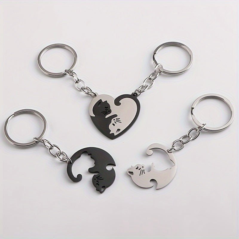Heart Shaped Cat Keychain for Couples Cartoon Design