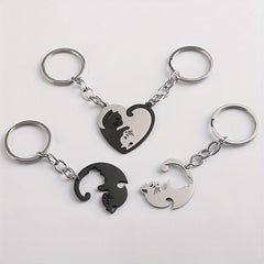 Heart Shaped Cat Keychain for Couples Cartoon Design