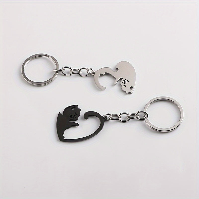 Heart Shaped Cat Keychain for Couples Cartoon Design