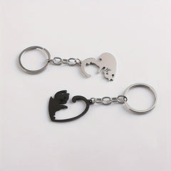 Heart Shaped Cat Keychain for Couples Cartoon Design