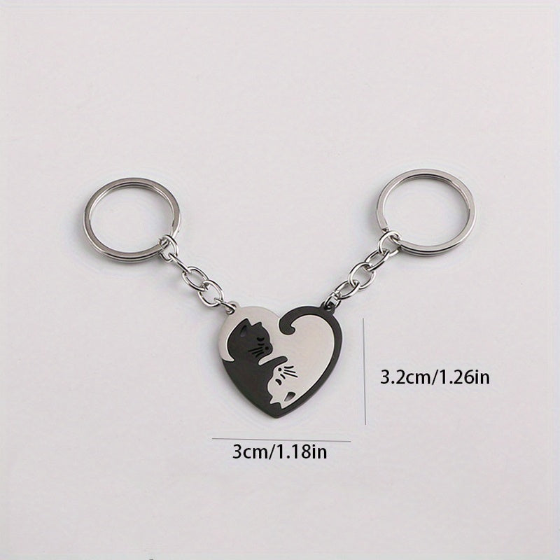 Heart Shaped Cat Keychain for Couples Cartoon Design