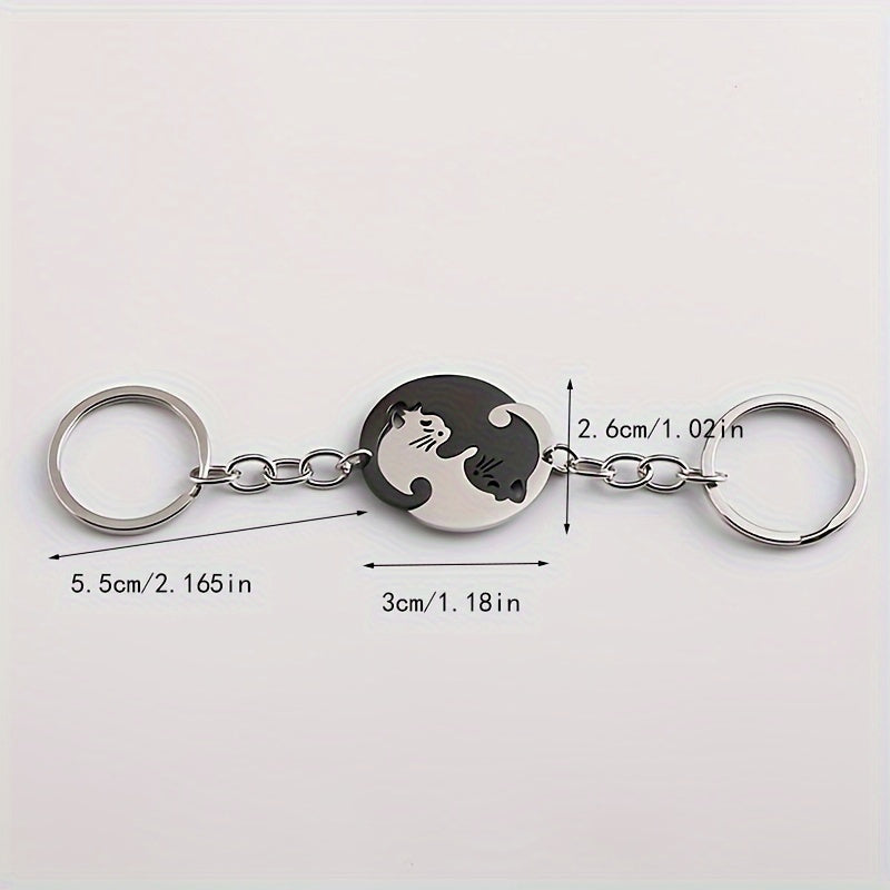 Heart Shaped Cat Keychain for Couples Cartoon Design