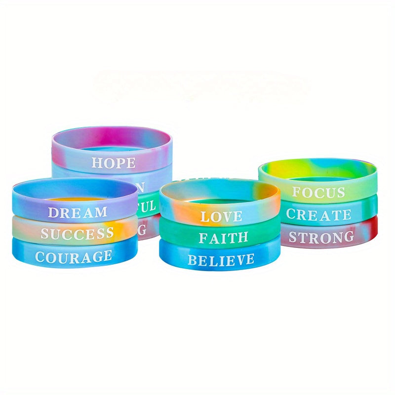 18 Pcs Rainbow Silicone Bracelet with Inspirational Quotes Stretch Wristband