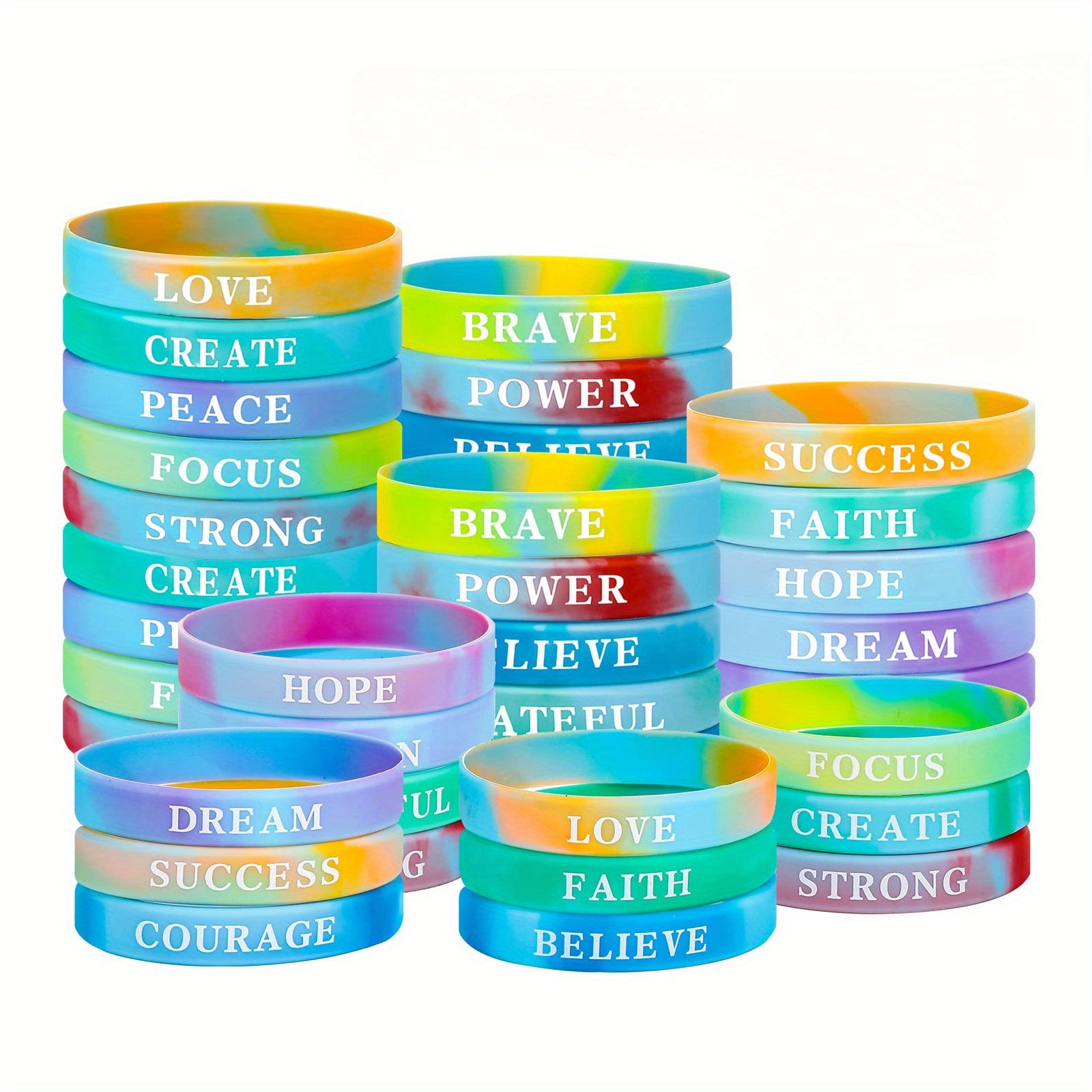 18 Pcs Rainbow Silicone Bracelet with Inspirational Quotes Stretch Wristband