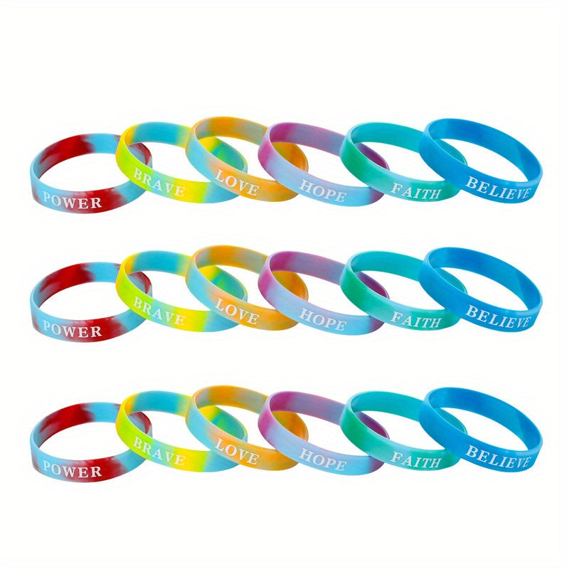 18 Pcs Rainbow Silicone Bracelet with Inspirational Quotes Stretch Wristband