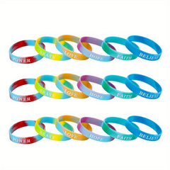 18 Pcs Rainbow Silicone Bracelet with Inspirational Quotes Stretch Wristband