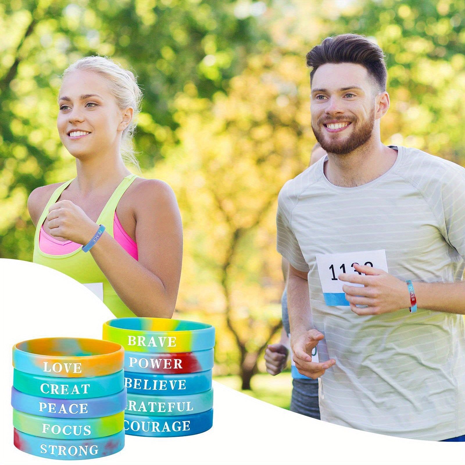 18 Pcs Rainbow Silicone Bracelet with Inspirational Quotes Stretch Wristband