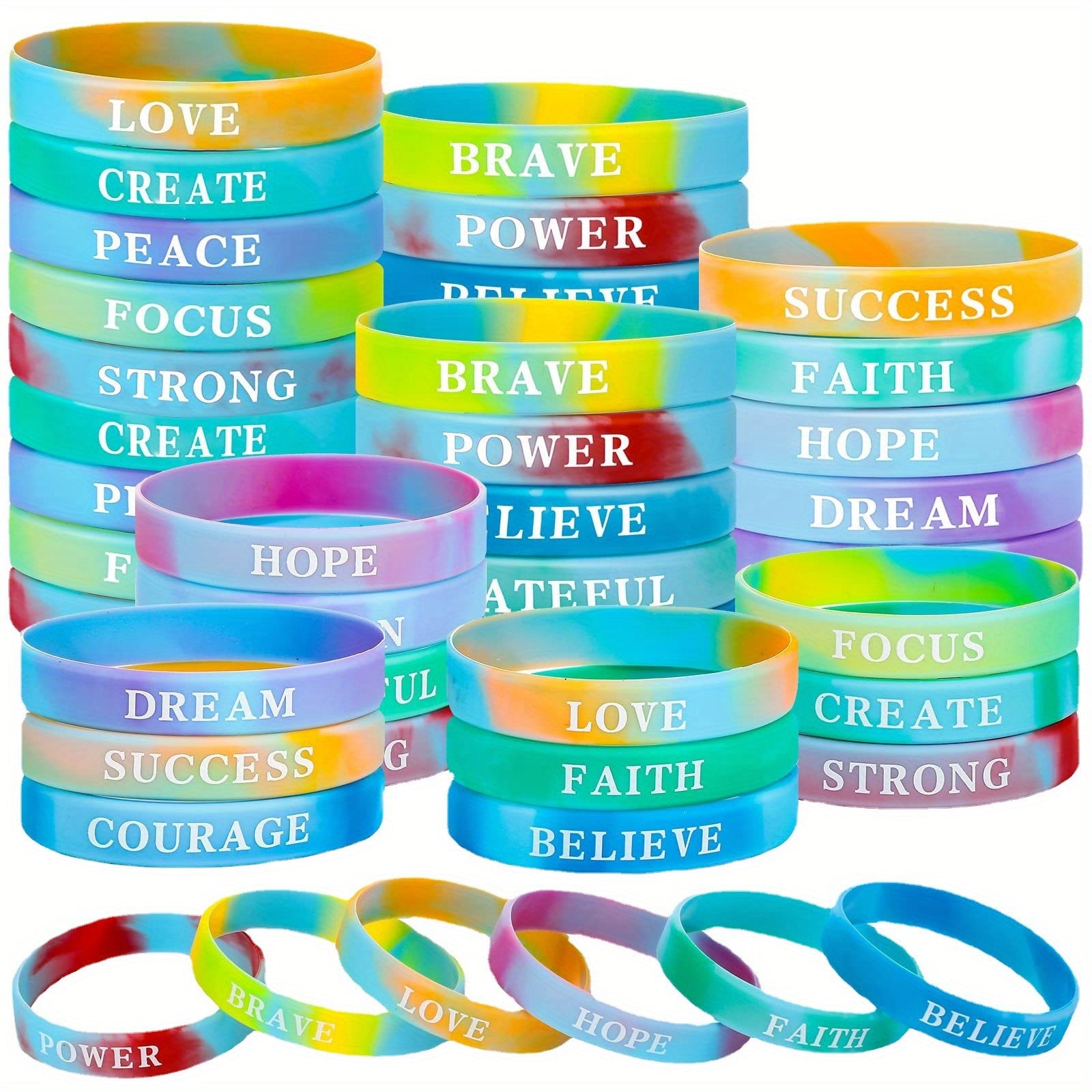 18 Pcs Rainbow Silicone Bracelet with Inspirational Quotes Stretch Wristband
