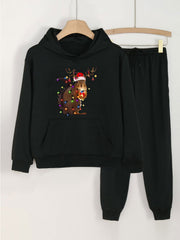 2pcs Squirrel & Christmas Light Hoodies With Jogger Pants Set For Girls