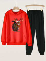 2pcs Squirrel & Christmas Light Hoodies With Jogger Pants Set For Girls