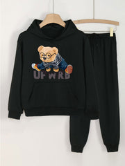 2pcs Dance Bear Graphic Hoodies And Jogger Pants Set For Girls