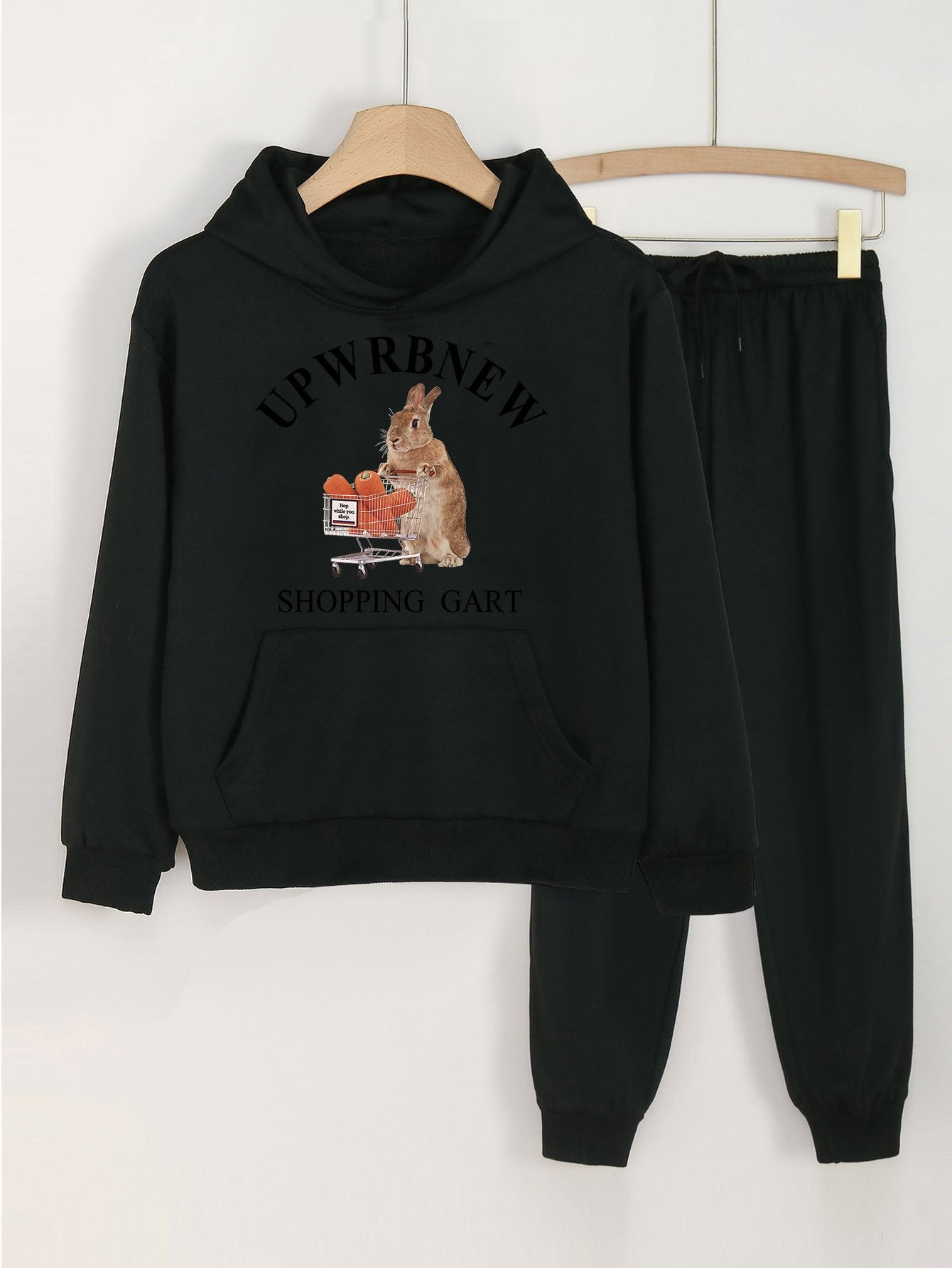 2pcs Bunny Graphic Hoodies with Jogger Pants Set for Girls