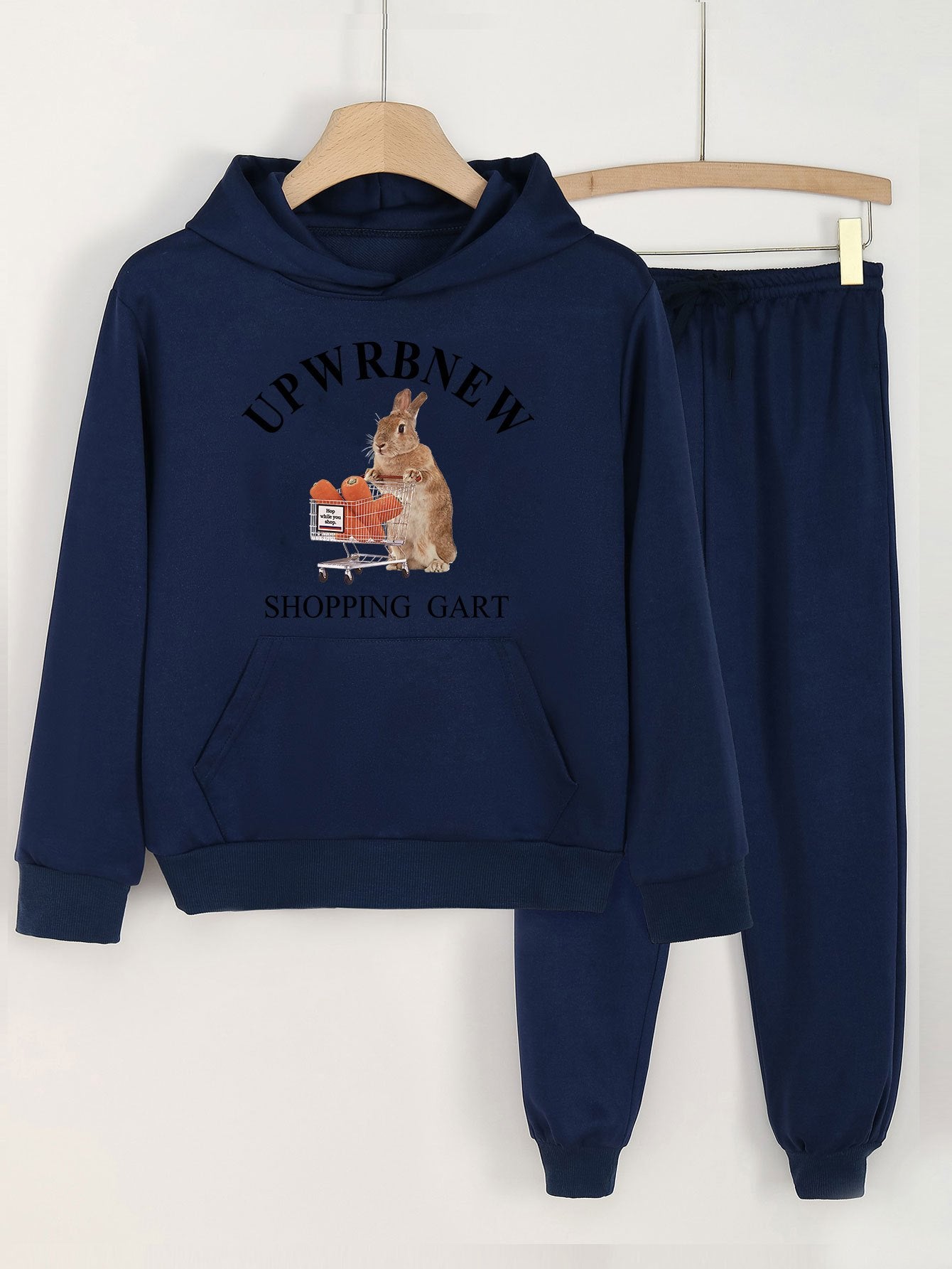 2pcs Bunny Graphic Hoodies with Jogger Pants Set for Girls