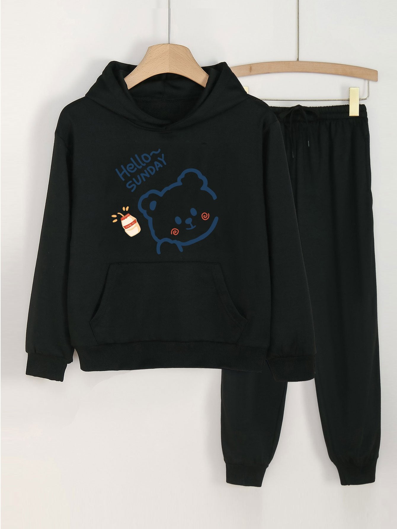2pcs Sunday Bear Hoodies & Jogger Pants Set For Girls Spring Fall