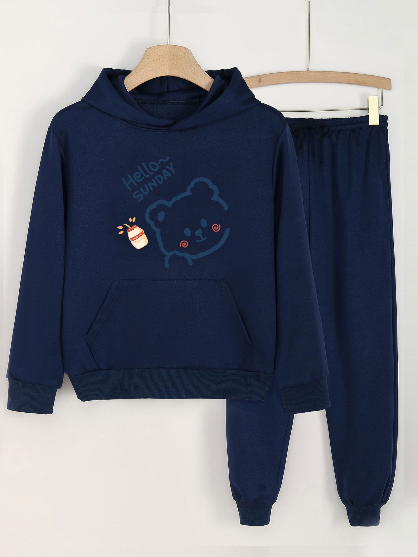 2pcs Sunday Bear Hoodies & Jogger Pants Set For Girls Spring Fall
