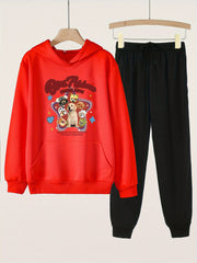 2pcs Sweet Puppy Hoodies & Jogger Pants Set For Girls
