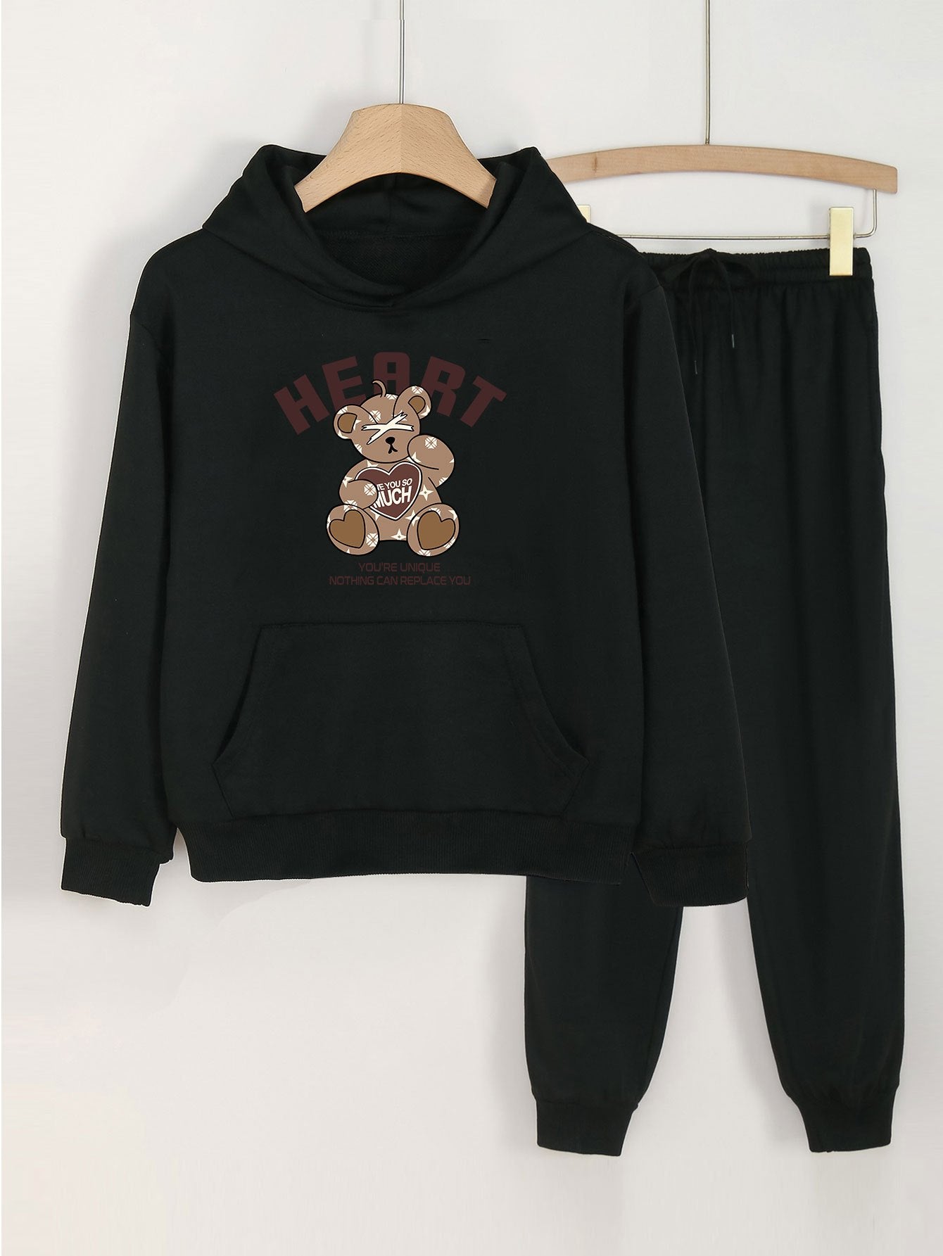 2pcs Heart Bear Hoodies & Jogger Pants Set For Girls