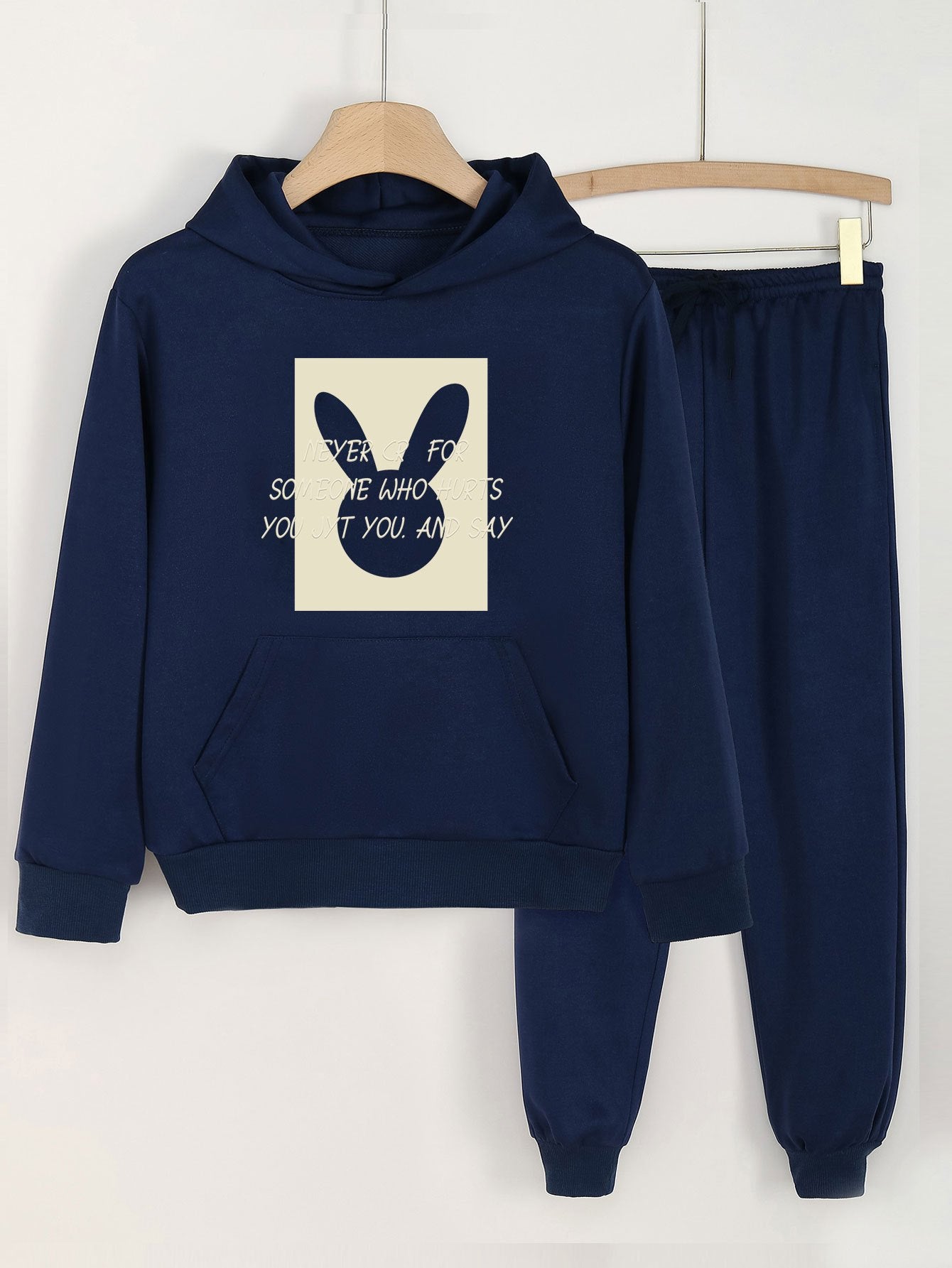 2pcs Bunny Graphic Hoodies & Jogger Pants Set For Girls