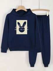 2pcs Bunny Graphic Hoodies & Jogger Pants Set For Girls