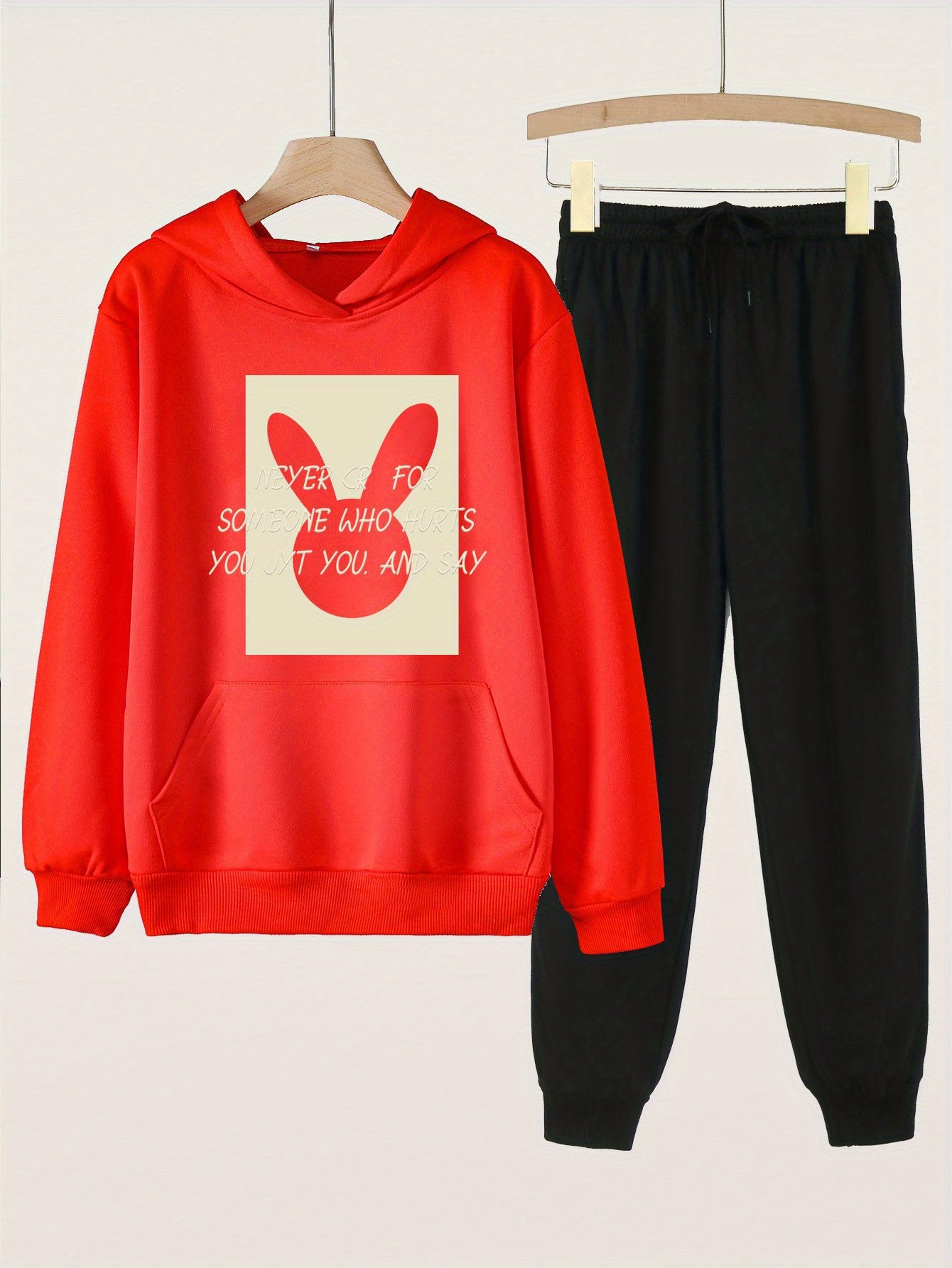 2pcs Bunny Graphic Hoodies & Jogger Pants Set For Girls