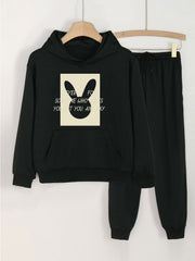 2pcs Bunny Graphic Hoodies & Jogger Pants Set For Girls