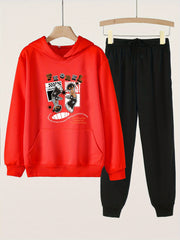 2pcs Boy Graphic Hoodie Jogger Set Spring Fall Sports Gift
