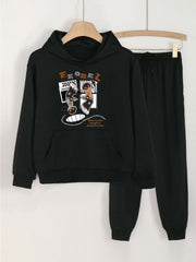 2pcs Boy Graphic Hoodie Jogger Set Spring Fall Sports Gift