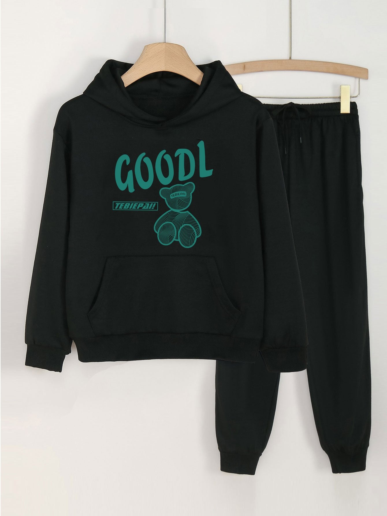 2pcs Letter & Bear Hoodies With Jogger Pants Set For Girls