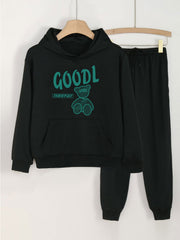 2pcs Letter & Bear Hoodies With Jogger Pants Set For Girls