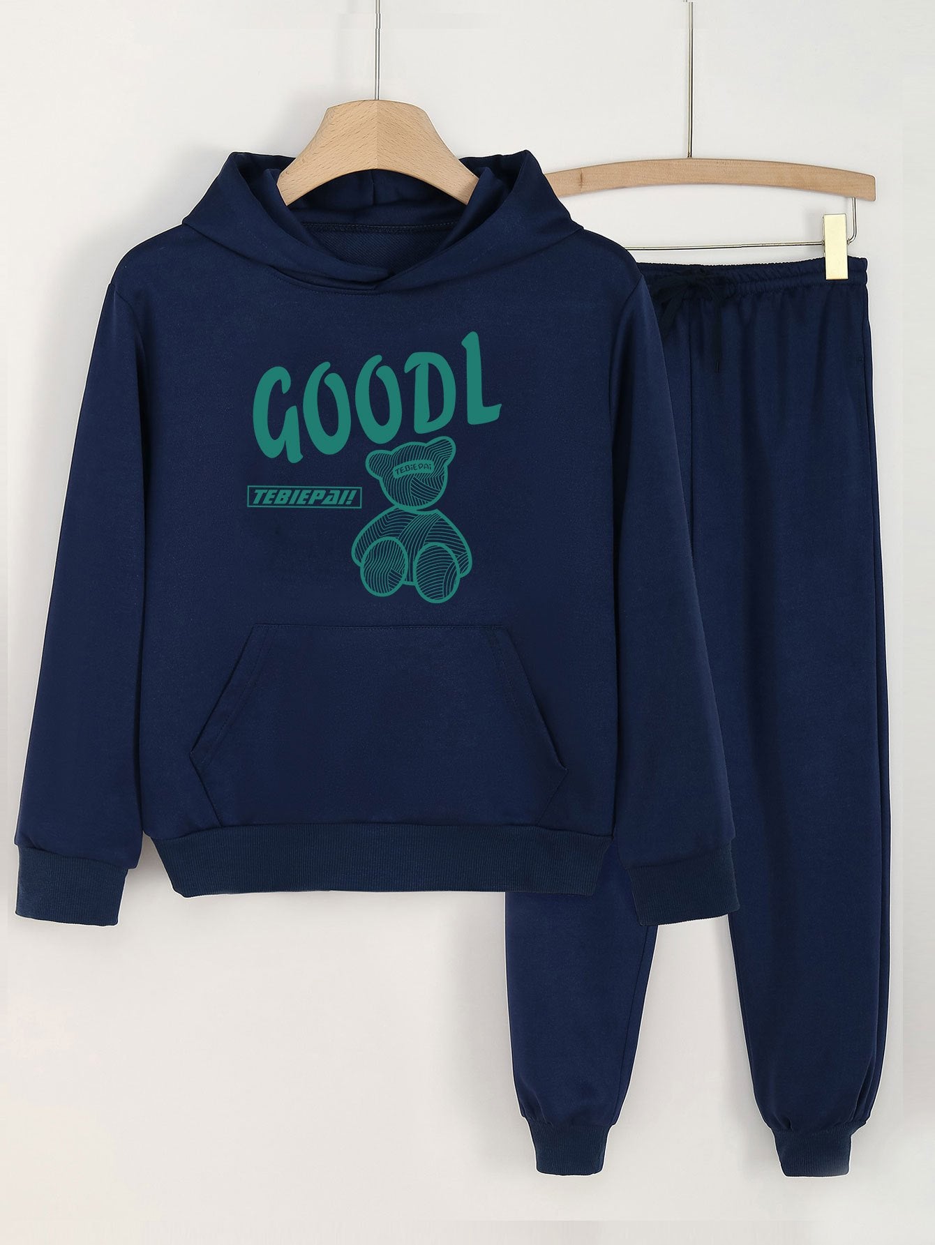 2pcs Letter & Bear Hoodies With Jogger Pants Set For Girls