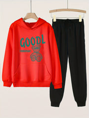 2pcs Letter & Bear Hoodies With Jogger Pants Set For Girls