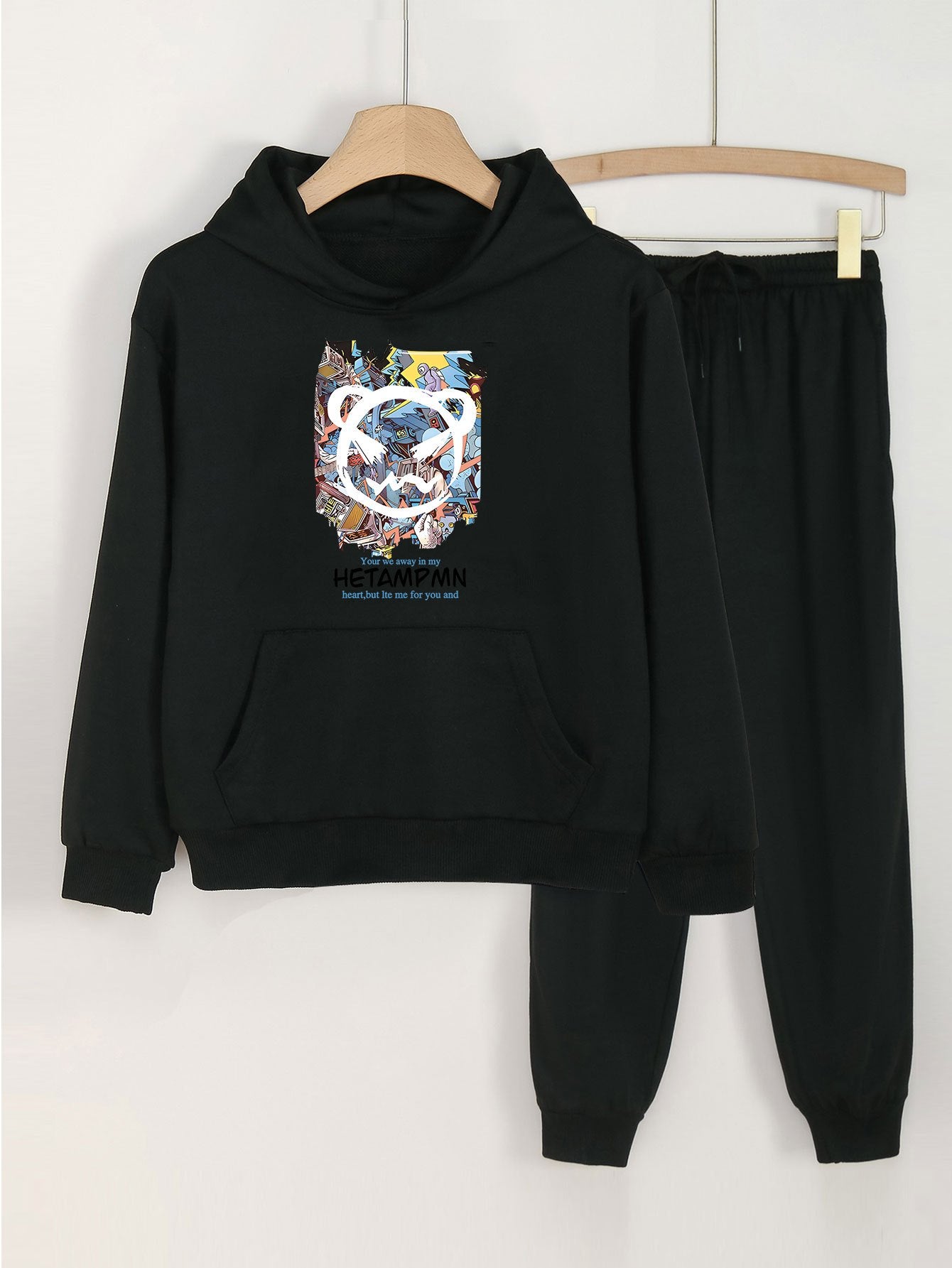 Graffiti Bear Hoodie Set for Girls Spring Fall Sports