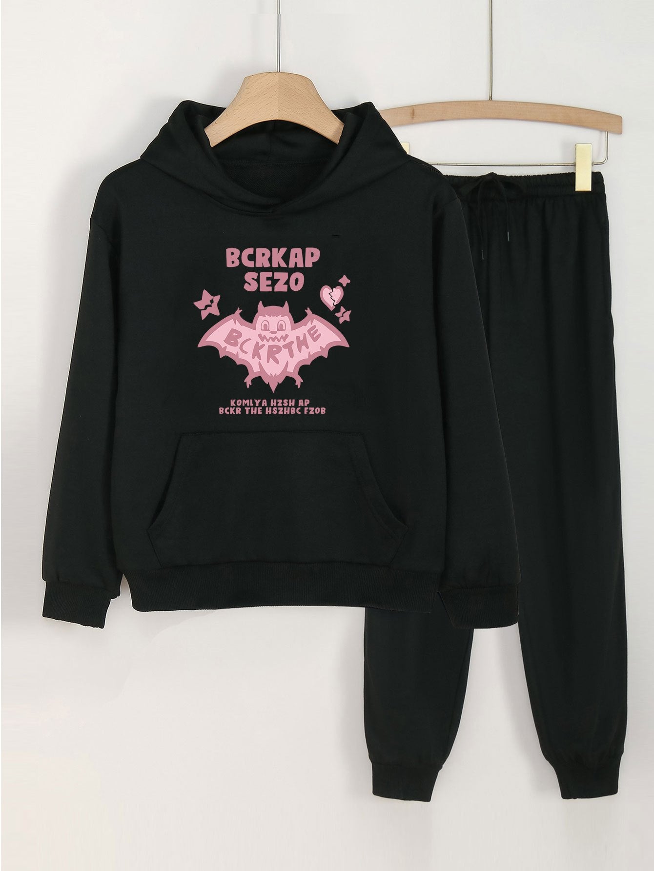 2pcs Bat Graphic Hoodies Pocket Jogger Set Girls Spring Fall Sports