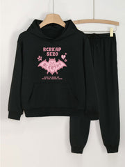 2pcs Bat Graphic Hoodies Pocket Jogger Set Girls Spring Fall Sports